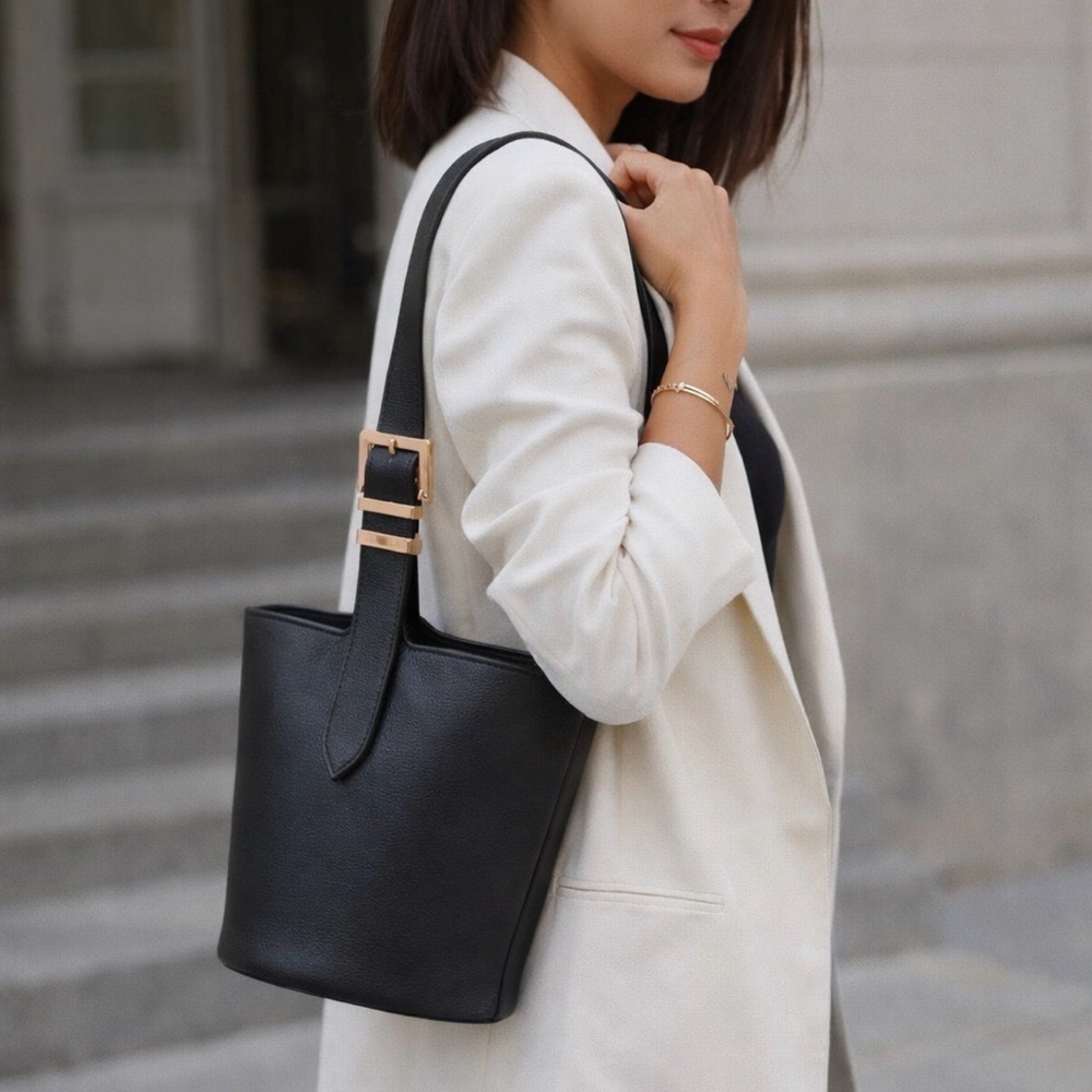 A New Day Black Bucket Bag Gold Buckle‎ Adjustable Strap Faux Leather NWT